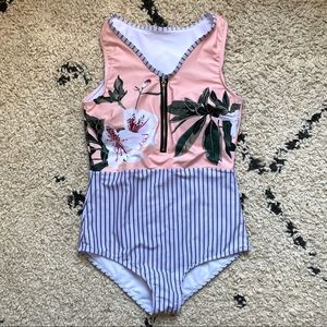 Floral stripe one piece swimsuit